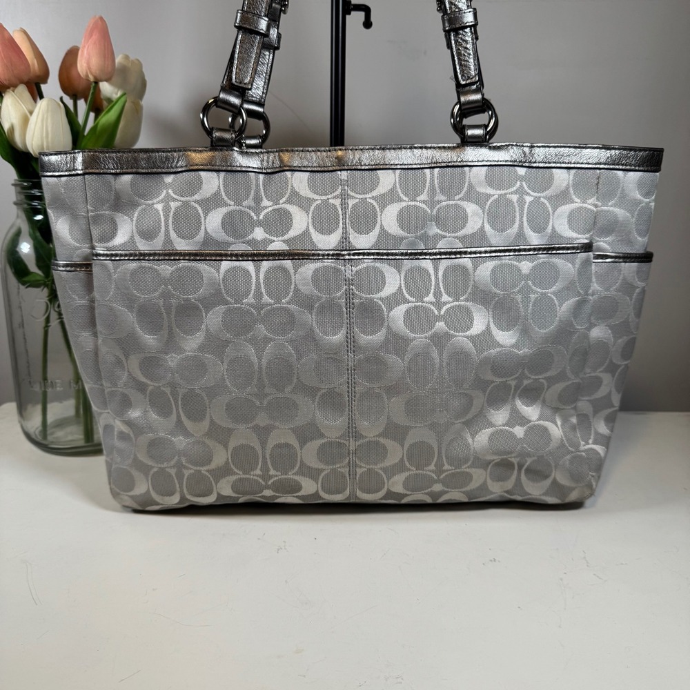 Coach Silver Metallic Signature Lurex East West Gallery Tote - Picture 3 of 8